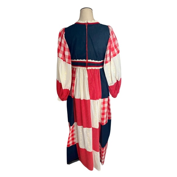 Vintage 1960s 70s Marianne Red Blue Patchwork Prairie Maxi Dress // XS S 2 4 6 - Picture 5 of 8